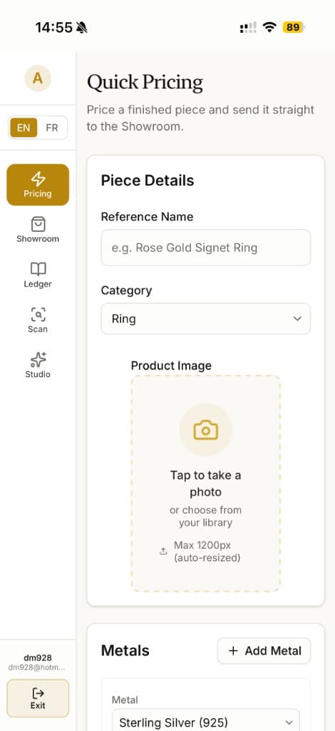 Alloy & Ledger companion app on iPhone showing quick pricing and bench-side navigation
