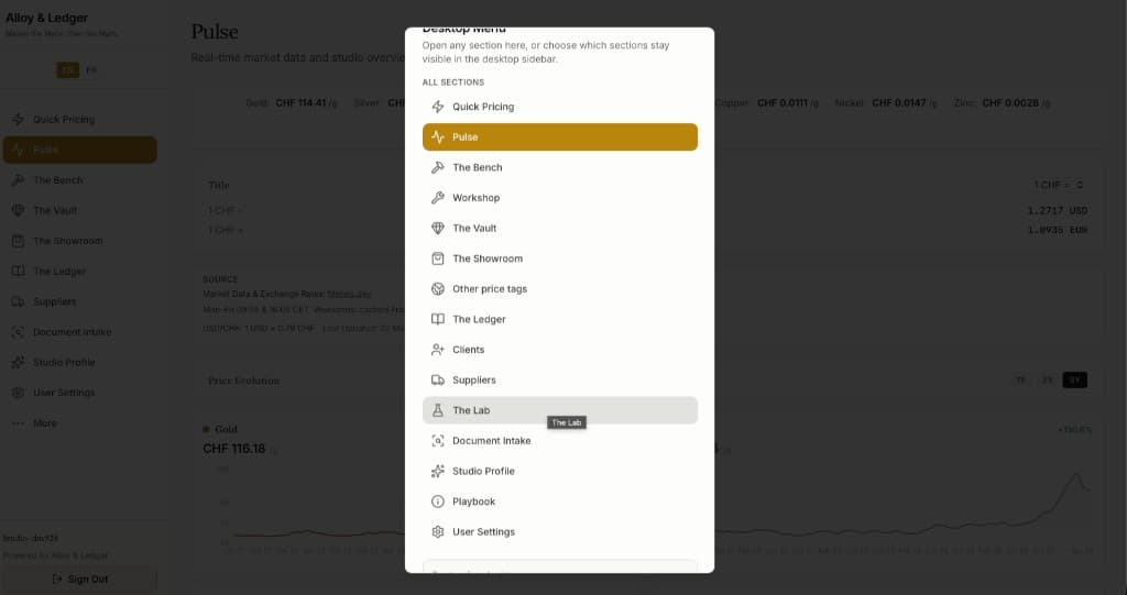 Alloy & Ledger in the browser with the desktop menu open, listing studio sections
